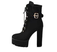 Only maker Schnürstiefeletten Damen Plateau Stiefel Kurzschaft mit Metall Schnalle Veloursleder Schwarz 42 EU
