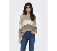 ONLY Damen Feinstrick-Pullover mit Breiten Streifen ONLAtia Stripe 15220044 Feather Gray/Beige/Whitecap XL