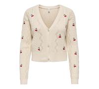 Strickjacke ONLY "ONLBIRTIE LS EMB V-NECK CARDIGAN KNT", Damen, Gr. L, ecru detail:barbad cherry, laurel wre, cherry emb, Strick, Obermaterial: 60% Baumwolle, 40% Polyacryl, unifarben, regular fit nor