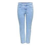 Straight-Jeans ONLY "ONLEMILY HW STRETCH EMB STRA ANK DNM AZG", Damen, Gr. 30, Länge 32, light blau denim detail:flower emb, Denim/Jeans, Obermaterial: 99% Baumwolle, 1% Elasthan, Destroyed-Effekte, s
