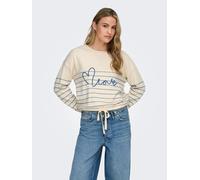 Rundhalspullover ONLY "ONLSIGNE LIFE LS TEXT DETAI ONECK CC KNT", Damen, Gr. L, weißcap gray detail:mel, riviera blau stripe, love, Strick, Obermaterial: 50% Viskose, 27% Nylon, 23% Polyester, bedruck