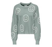 Strickpullover ONLY "ONLMONTANA LS JQ O-NECK CC KNT", Damen, Gr. XL, jadeite pattern:cloud dancer smiley, Strick, Obermaterial: 82% Viskose, 18% Nylon, gemustert, regular fit normal, Rundhals, Rippbün