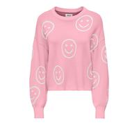 Strickpullover ONLY "ONLMONTANA LS JQ O-NECK CC KNT", Damen, Gr. L, romance rose pattern:cloud dancer smiley, Strick, Obermaterial: 82% Viskose, 18% Nylon, gemustert, regular fit normal, Rundhals, Rip