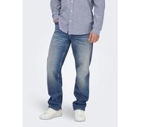 Straight-Jeans ONLY & SONS "ONSEDGE PERFORMANCE LB 3816 DOT DNM NOOS", Herren, Gr. 33, Länge 34, schwarz medium blau denim, Denim/Jeans, Obermaterial: 99% Baumwolle, 1% Elasthan, Abriebeffekte, straig