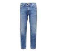 Straight-Jeans ONLY & SONS "ONSWEFT REGULAR WB 0021 TAI DNM NOOS", Herren, Gr. 38, Länge 32, blau (medium blau denim), Denim/Jeans, Obermaterial: 99% Baumwolle, 1% Elasthan, Abriebeffekte, regular fit