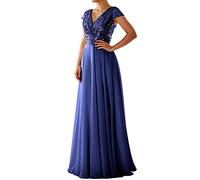 Onsoyours Abendkleid Lang V-Ausschnitt Partykleid Sommerkleid Chiffon Swing Ballkleider Loose Elegant Abendkleid Sexy Midikleid Damen Brautjungfer Abendkleid N Dunkelblau 38