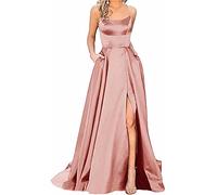 Onsoyours Ballkleider Off Shoulder Kleider Lang Damen Elegant Hochzeit A-Linie Criss-Cross Satin Spaghetti Party Prom Dress Abendkleider Schlitz Brautkleid Festkleider mit Taschen B Rosa XS