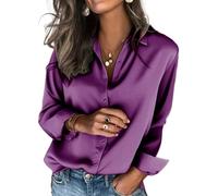 Onsoyours Bluse Damen Satin Hemd Langarm Satinbluse Elegant Business Oberteile Blusenshirt Mit Knöpfen Lässiges A Violett XXL