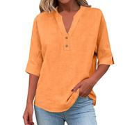 Onsoyours Blusen Damen Elegante V-Ausschnitt 3/4 Ärmel Oberteil Lose Baumwolle Leinen Hemd Blusenshirt Musselin Tunika Leicht Tops Casual Shirt Sommer A Orange XXL