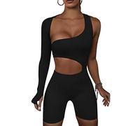 Onsoyours Bodysuit Damen Langarm Jumpsuit Sexy Sommer Overall Kurz Einteiler Bodysuit U-Ausschnitt Bodycon Shorts Hosenanzug Sport Playsuit Y2K Streetwear G Schwarz L