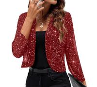 Onsoyours Bolero Damen Glitzer Elegant Cardigan Festliche Party Jacke Pailletten Bolerojacke Leicht Schulterjacke Langarm Cropped Blazer Kurze Open Front Shrugs Dünne Strickjacke A Rot XL