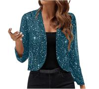 Onsoyours Bolero Damen Glitzer Elegant Cardigan Festliche Party Jacke Pailletten Bolerojacke Leicht Schulterjacke Langarm Cropped Blazer Kurze Open Front Shrugs Dünne Strickjacke B Hellblau XL