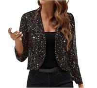 Onsoyours Bolero Damen Glitzer Elegant Cardigan Festliche Party Jacke Pailletten Bolerojacke Leicht Schulterjacke Langarm Cropped Blazer Kurze Open Front Shrugs Dünne Strickjacke B Kaffee XL