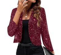 Onsoyours Bolero Damen Glitzer Elegant Cardigan Festliche Party Jacke Pailletten Bolerojacke Leicht Schulterjacke Langarm Cropped Blazer Kurze Open Front Shrugs Dünne Strickjacke A Weinrot XL