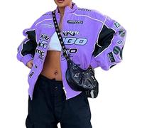 Onsoyours Bomberjacke Damen Sweatjacke Ladies College Sweat Jacket Druckknopf Für Frauen Oversized Patchwork Jacke Vintage Brief Druck Jacken Baseball Mantel S1 Violett XL