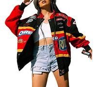 Onsoyours Bomberjacke Damen Sweatjacke Ladies College Sweat Jacket Druckknopf Für Frauen Oversized Patchwork Jacke Vintage Brief Druck Jacken Baseball Mantel N1 Rot S