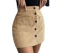 Onsoyours Cordrock Damen Kurze Freizeitrock Winter Wickelrock Bleistiftrock Arbeitsrock Lässig High Waist A-Linie Einfarbig Minirock mit Tasche und Knopf B Khaki M