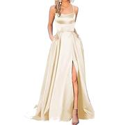 Onsoyours Damen Ballkleider Off Shoulder Kleider Lang Elegant Hochzeit A-Linie Criss-Cross Satin Spaghetti Party Prom Dress Abendkleider Schlitz Brautkleid Festkleider mit Taschen B Champagner XS