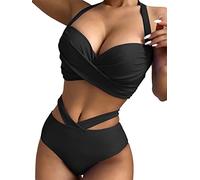 Onsoyours Damen Bikini Badeanzug High Waist Neckholder Einfarbig Leopard Bikini V Ausschnitt Zweiteiliger Badeanzug Swimwear A1 Schwarz L