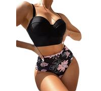 Onsoyours Damen Bikini Badeanzug High Waist Neckholder Einfarbig Leopard Bikini V Ausschnitt Zweiteiliger Badeanzug Swimwear B1 Schwarz L