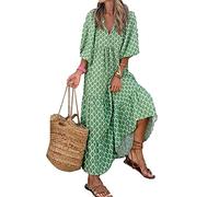 Onsoyours Damen Blumen Sommerkleid Knopf Kurzarm V-Ausschnitt Loose Kleid High Waist Maxikleid Strandkleider Polka Dots Knopfkleid Langarmkleid G Hellgrün L