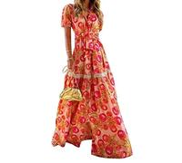 Onsoyours Damen Blumen Sommerkleid Knopf Kurzarm V-Ausschnitt Loose Kleid High Waist Maxikleid Strandkleider Polka Dots Knopfkleid Langarmkleid C Rot L