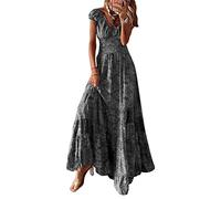 Onsoyours Damen Blumen Sommerkleid Knopf Kurzarm V-Ausschnitt Loose Kleid High Waist Maxikleid Strandkleider Polka Dots Knopfkleid Langarmkleid F Grau L