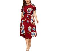 Onsoyours Damen Boho Lange Kleider V-Ausschnitt Sommerkleider Lässige Loose Strandkleider Blumen Maxi Abendkleid B Rot 3XL