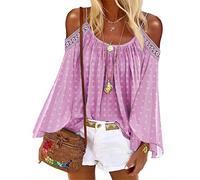 Onsoyours Damen Carmenbluse Chiffonbluse Schulterfrei Bluse Trompetenärmel mit Rüschen Transparent Einfarbig Langarmshirt Sommer Oberteil Tops A Rosa 38