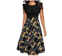 Onsoyours Damen Cocktailkleid Vintage Elegant A-Linie Swing Knielang Damenkleider Casual Plissee Cocktail Kleider Frauen Party Kleid Blumen Ärmellos Dress Schwarz E 3XL