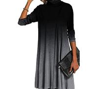 Onsoyours Damen Elegant Langarm Blumen Kleider Knielang Einfarbige Rollkragen Winterkleid Longshirt Causual Lose Midikleid Tunika Kleid Herbst Grau C XXL