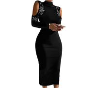 Onsoyours Damen Elegant Spitzenkleid Freizeitkleid Bodycon Partykleid Langarm Schulterfreies Figurbetontes Kleider Hohe Taille Casual Midi Dress Cocktailkleid Club A7 Schwarz XL