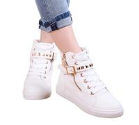 Onsoyours Damen Frühjahr und Herbst Sneaker High Top Schuhe Elegant Absatz Freizeitschuhe Flache Runde Spitze Bequem Schnür Nieten Canvas Schuhe A Weiß 37 EU