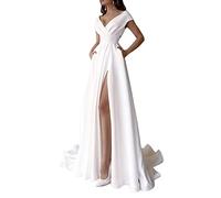 Onsoyours Damen Hochzeitskleid Einfarbig Kleider Ärmellos V-Ausschnitt Abendkleid Brautjungfernkleider Spitze Sexy Schlitz Maxikleid Freizeit Langes Kleid Weiß 07 XS