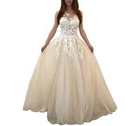 Onsoyours Damen Hochzeitskleid Lang Tüll Formellen Abendkleid Ballkleid Festkleider A Linie V-Ausschnitt Brautkleider Einfarbig Maxikleid A Weiß XL