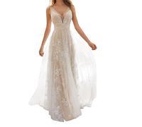 Onsoyours Damen Hochzeitskleider Lang Tüll Formellen Abendkleid Ballkleid Festkleider A Linie V-Ausschnitt Brautkleider Einfarbig Maxikleid Weiß 14 XL