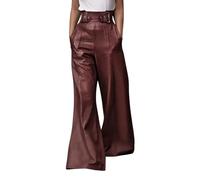 Onsoyours Damen-Hose Mit Tasche Hohe Taille Weites Bein Lockere Passform Lässig Retro Gerade Plissiert Lederhose Für Den Alltag A Weinrot XL