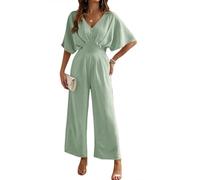 Onsoyours Damen Jumpsuit Lang Frühling Sommer Kurzarm Overall Hosenanzug Elegant V-Ausschnitt Weites Bein Playsuit Casual Party Festlich Hochzeit Romper
