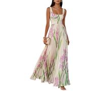 Onsoyours Damen Kleider Elegant Ärmellos Lange Abendkleider Blumenmuster A-Linie Cocktailkleid Hohe Taille Partykleid Plissee Maxikleid
