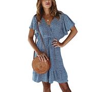 Onsoyours Damen Kleider Faltenkleid Shirtkleid Volant Kleid Freizeitkleid Rundhals Blusenkleid Kurzarm Strandkleider Lose Minikleid Blau 36