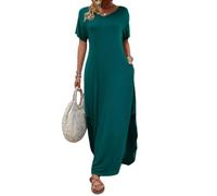 Onsoyours Damen Kleider Freizeit Lose Kurzarm Sommerkleid Lang Boho Maxikleid mit Taschen A Dunkelgrün XXL