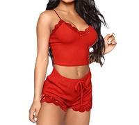 Onsoyours Damen Kurz Pyjama Satin Ärmellos Pyjamas Set Einfarbig Set Zweiteiliger Mit Damen Pyjamahose Und Cami Top Shorty Spitzen Sleepwear Loungewear B Rot XXL