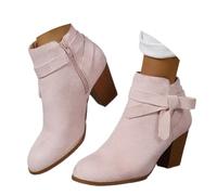 Onsoyours Damen Kurze Stiefel mit Blockabsatz Winterstiefel Wildleder Stiefelette Retro Stiefel Ankle Boots mit Reißverschluss Damenstiefel Heels High A Rosa 38 EU