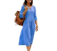 Onsoyours Damen Lässiges Baumwoll-Leinenkleid Summer Solid Plus Size Lose Kleider Damen Elegantes Langarm-Midikleid Blau XS