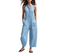 Onsoyours Damen Lang Jumpsuit Sommer Baumwolle Leinen Hosenanzug Casual Lose Latzhose Elegant Ärmellos Overall Knöpfe Playsuit Romper Mit Taschen A Blau 3XL