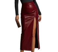 Onsoyours Damen Lang Rock Elegant Lederrock Hohe Taille Bleistiftrock A-Linie Maxirock A Weinrot XL