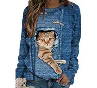 Onsoyours Damen Langarmshirt Süße Katze Tier Drucken 3D Druck Katzen-Muster Gestreift Rundhals Lange Pulli Herbst Kapuzenpullover Tshirt Herbst Shirts Hemd Rundhals Pullover J Blau 3XL