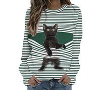 Onsoyours Damen Langarmshirt Süße Katze Tier Drucken 3D Druck Katzen-Muster Gestreift Rundhals Lange Pulli Herbst Kapuzenpullover Tshirt Herbst Shirts Hemd Rundhals Pullover A Grün XL