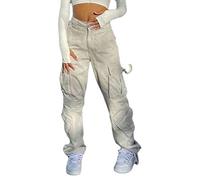 Onsoyours Damen Low Waist Jeanshose Gerade Breites Bein Baggy Pants Vintage Cargohose Denim y2k Trouser Retro Multiple Taschen Streetwear J Beige M