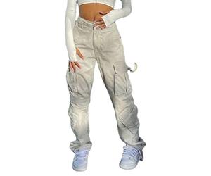 Onsoyours Damen Low Waist Jeanshose Gerade Breites Bein Baggy Pants Vintage Cargohose Denim y2k Trouser Retro Multiple Taschen Streetwear J Beige M